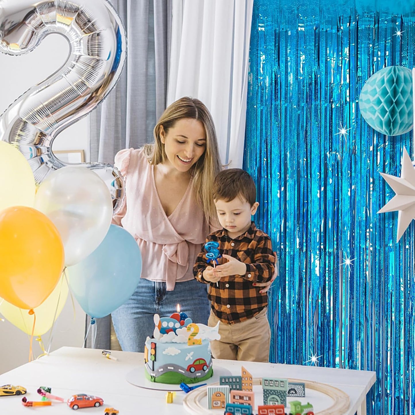 Tinsel Curtain Party Backdrop Blue Birthday Party Decorations 10 Packs Glitter Foil Fringe Curtain Party Decor Streamers Photo Booth for Birthday Christmas Wedding Halloween Graduation Decorations