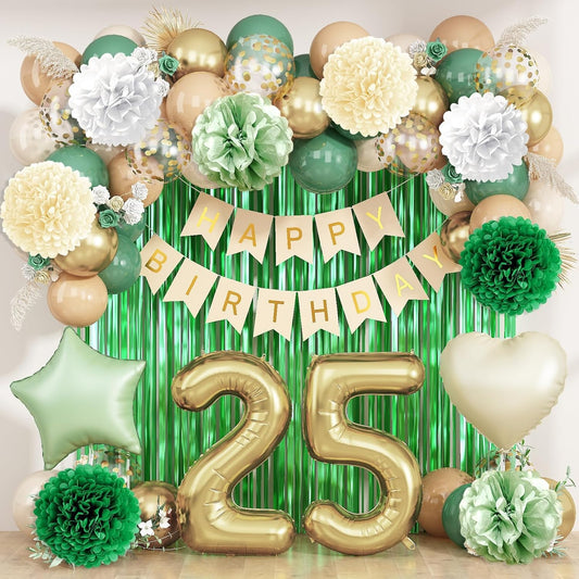 Sage Green 25th Birthday Decorations for Him Gold Number 25 Balloon Nude Gold Happy Birthday Banner Fringe Curtain Paper Pom Poms Olive Green Cream White Sand Star Foil Balloons Party Decor