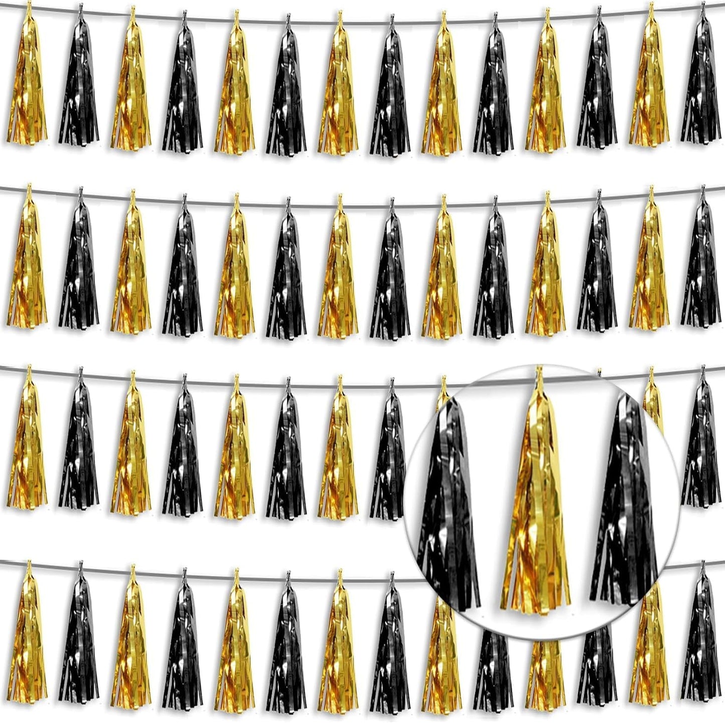 4P Black Gold Foil Fringe Tassel Banner Garland Metallic Tinsel Streamers Wall Hanging Curtain Backdrop Banner for Parade Floats, 2025 Graduation Decorations, Father's Day, New Years Party Decoration