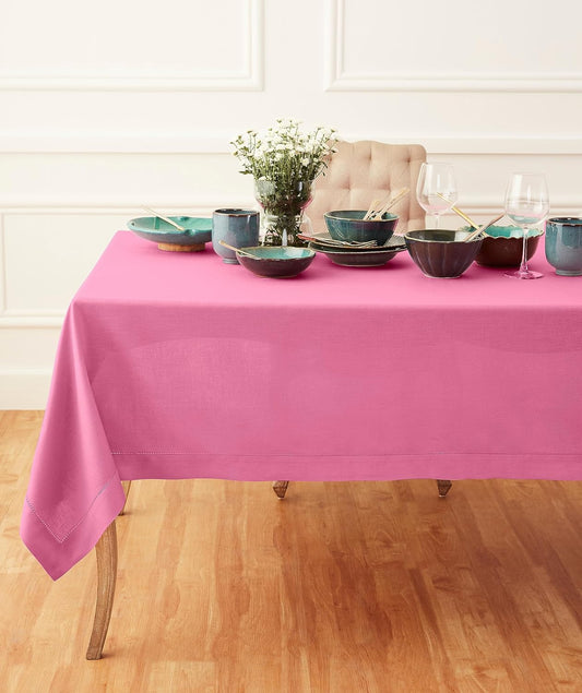 Solino Home Linen Tablecloth for Rectangle Tables 60 x 108 Inch - Classic Hemstitch 100% Pure Linen Flamingo Pink Table Cloth - Machine Washable Cloth Tablecloth for Halloween