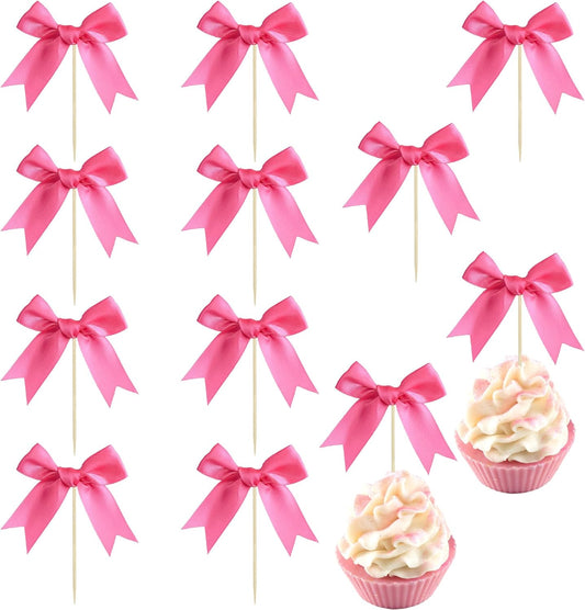 Ephlyn 24Pcs Bow Cupcake Toppers Bowknot Cake Toppers Bow Cupcake Picks Bowknot Birthday Party Decorations for Wedding Bridal Engagement Baby Shower Birthday Party Supplies Rose Red