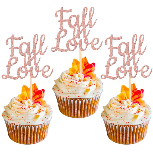 24 PCS Fall in Love Cupcake Toppers Glitter Bridal Shower Cake Picks Decorations for Wedding Engagement Anniversary Birthday Party Supplies Rose Gold