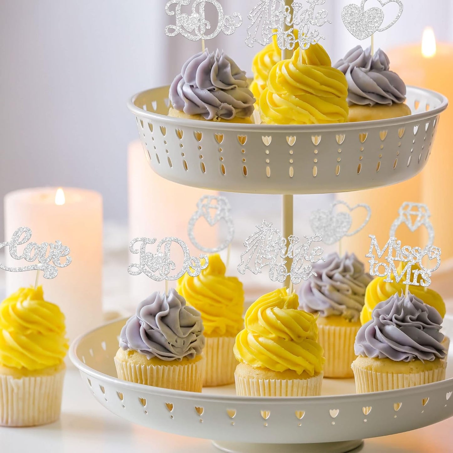Gyufise 24Pcs Bride to Be Cupcake Toppers Silver Glitter I Do Love Heart Ring Miss To Mrs Cupcake Picks Bridal Shower Cake Decorations for Wedding Engagement Bachelorette Party Supplies