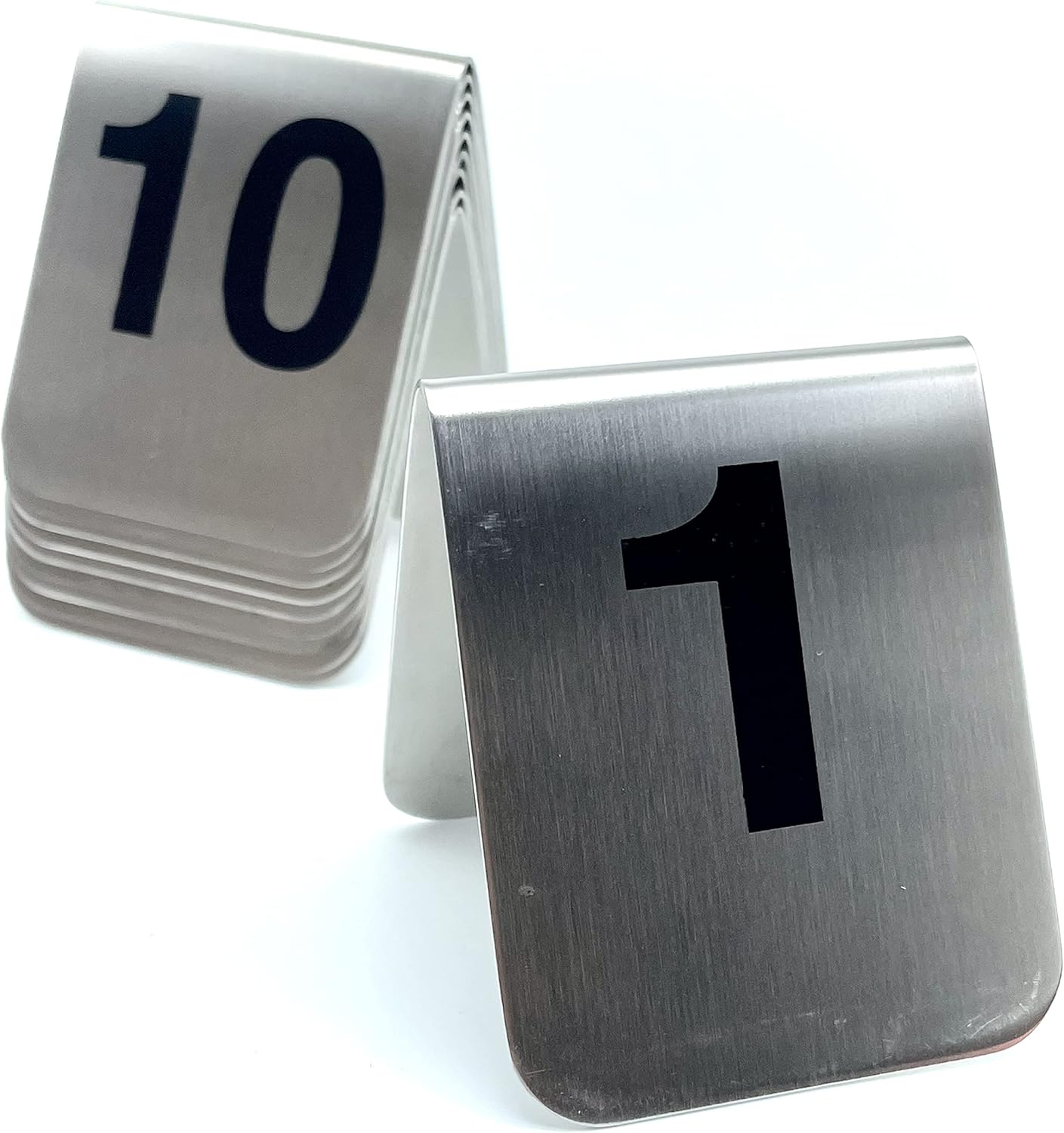 10 Pcs Metal Place Cards Stackable Tent Style Table Numbers，Place Card Holders for Celebration Wedding Party Restaurants Cafes Bars Gatherings meeting Room Board Game Serial (Medium 1-10, Black)