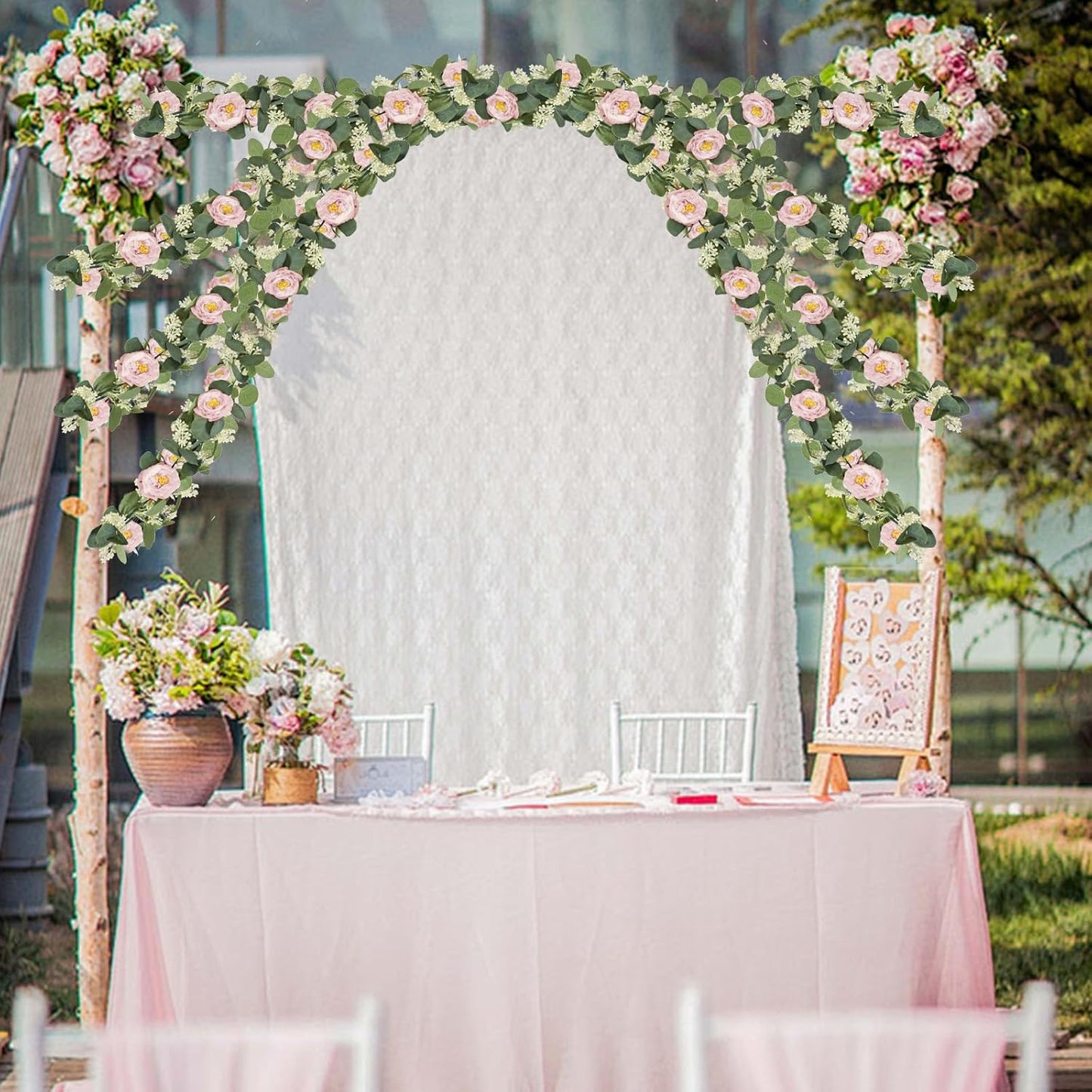 MAKHOT 2 Pcs Pink 6.6Ft Artificial Eucalyptus Flower Garland with Fake Rose Flower Vine Seeded Eucalyptus Leaves Greenery Garland for Wedding Table Backdrop Party Centerpiece Room Decor (Pink)