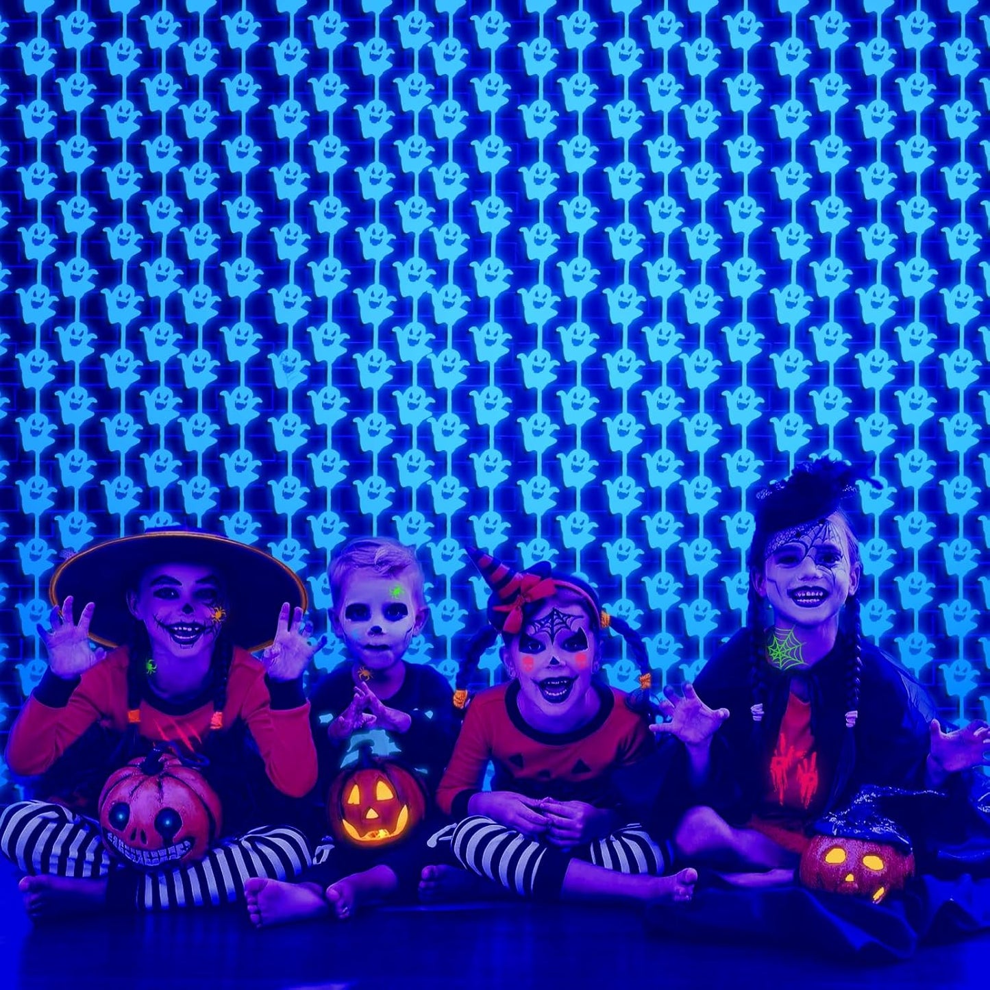 Neon Halloween Party Decorations, 2 Pack Glow in The Dark Party Supplies 3.3 x 6.6 ft Fluorescent Blue Ghost Curtains, Photo Booth Prop Backdrop Streamer, Halloween Birthday Party Decor