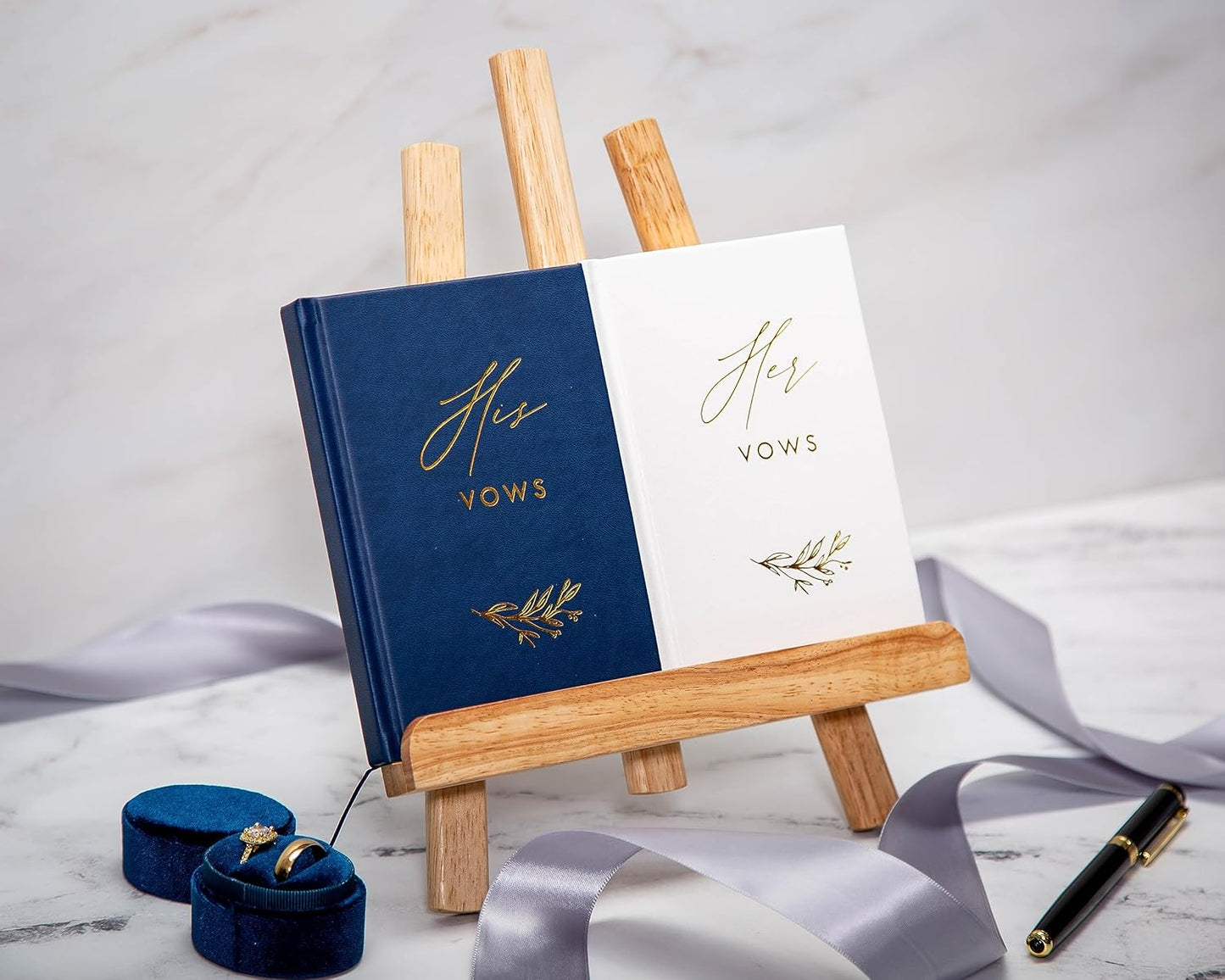 MUUJEE Hard Cover Vow Books (Set of 2) - Foil Embossed Wedding Ceremony Vow Renewal Speech Books, Couple Gifts for Engagement (His Her (Navy & White))