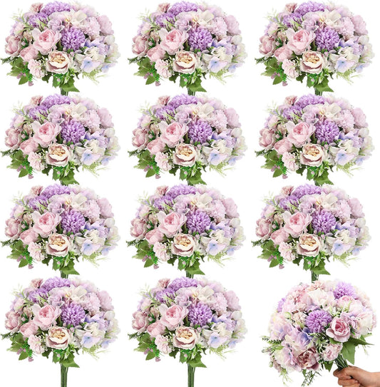 Tigeen Artificial Flowers Artificial Peonies Silk Flowers Faux Peony Fake Peony Silk Hydrangea Bouquet for Wedding Table Centerpiece Floral Vase Decor(Purple,24 Bundles)