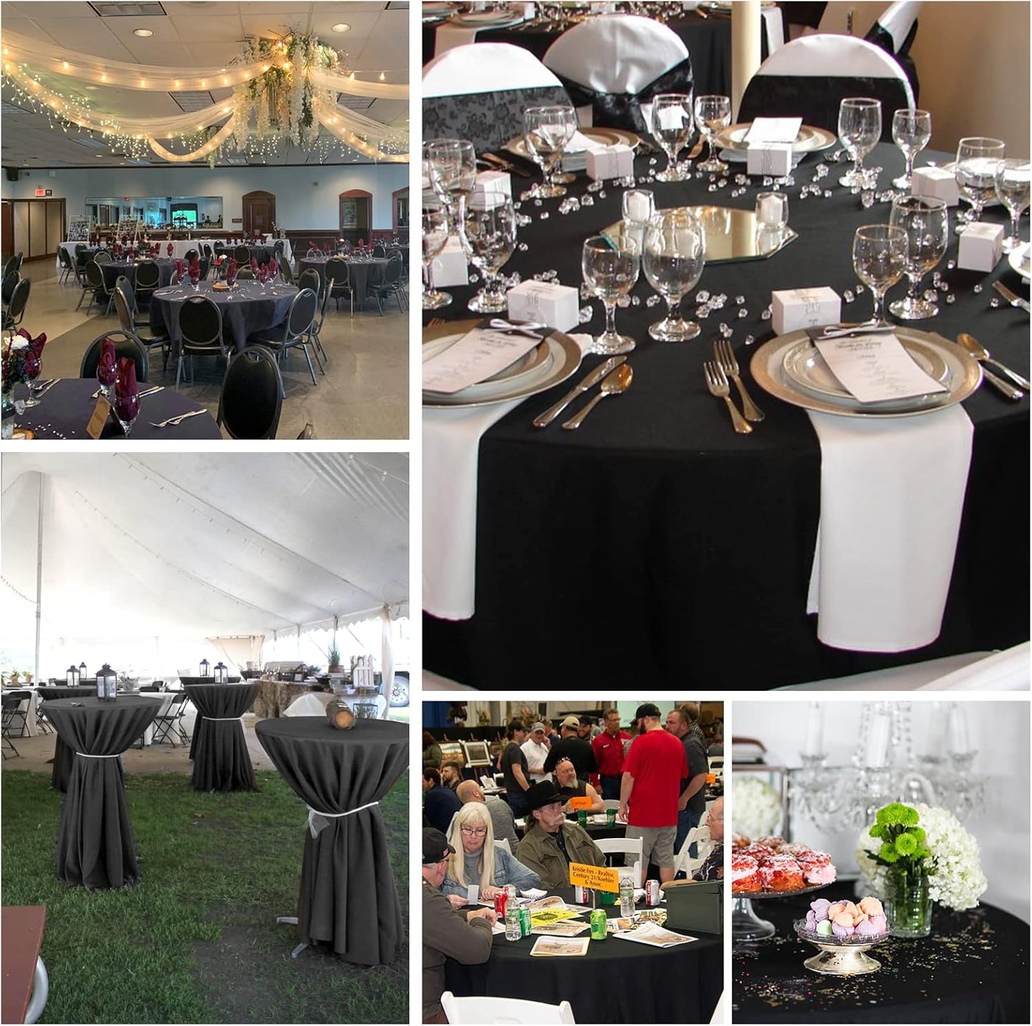12 Pack 120 Inch Round Tablecloth, Black Polyester Fabric Table Cloth for Round Table, Washable Tablecover for Wedding Party Dining Buffet Banquet Restaurant and Camping