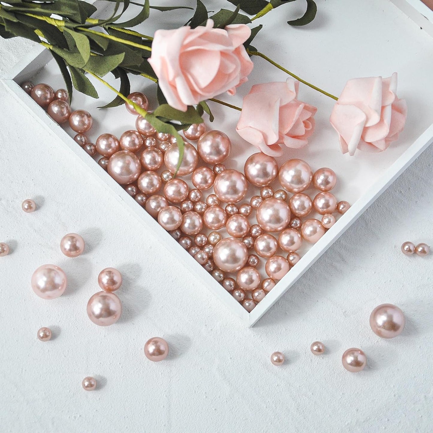 260Pcs Rosegold Glossy Beads for Centerpiece Decor, Artifical Pearls Vase Filler, Makeup Brush Beads, No Hole Round Pearl Beads for Wedding Birthday Christmas Party Home Decor(18mm 14mm 6mm)