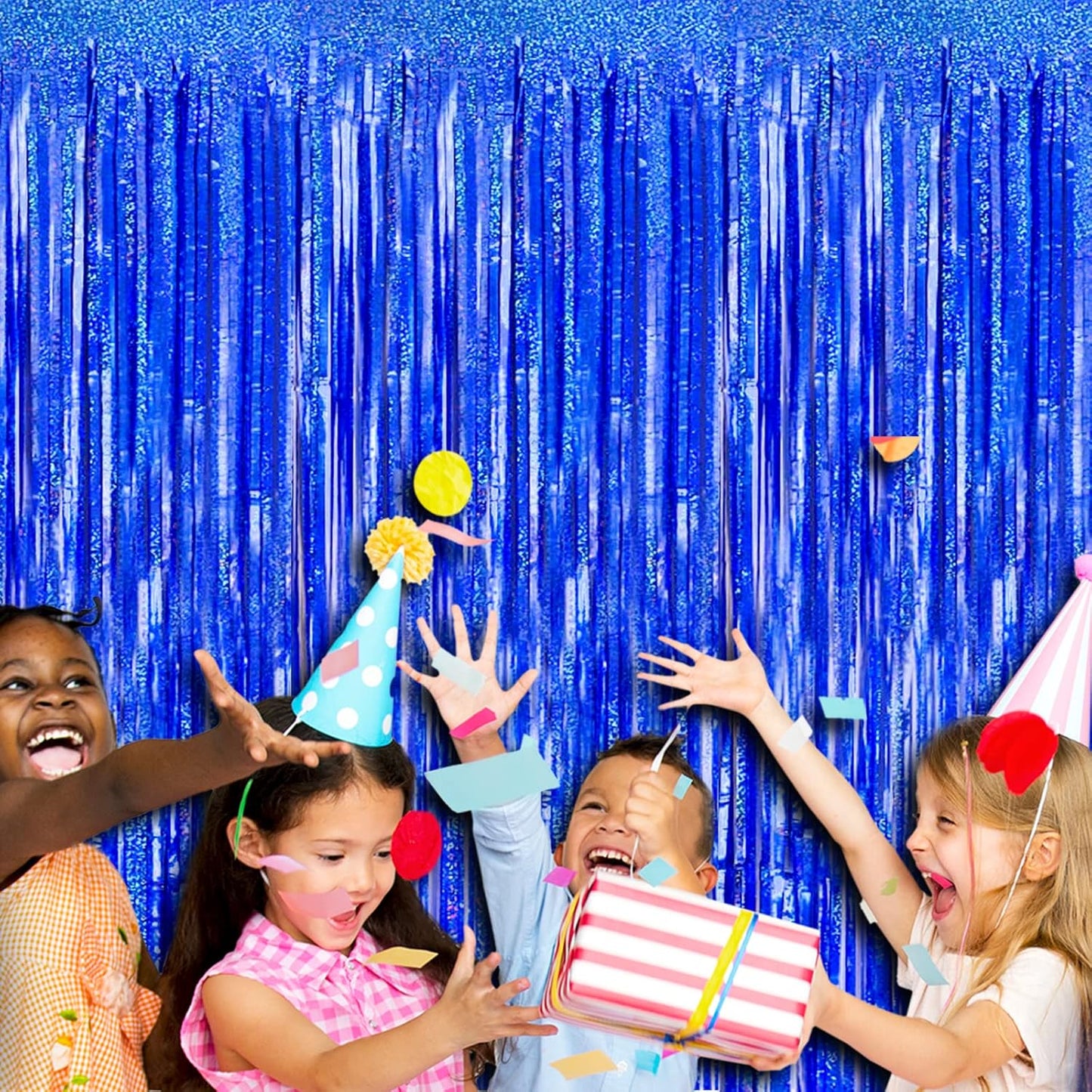 4 Pack Blue Tinsel Foil Fringe Curtain Backdrop, 3.28Ft x 8.2Ft Metallic Streamers for Photo Booth Props Wedding Bridal Shower Bachelorette Birthday Halloween Christmas Party Decoration