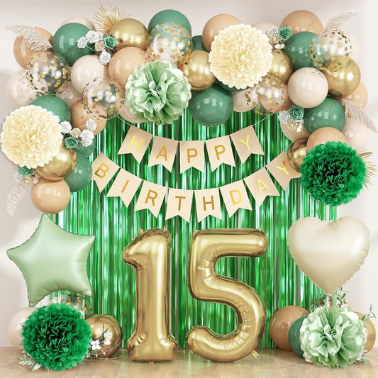 Sage Green 15th Birthday Decorations for Boys Girls Gold Number 15 Balloon Nude Gold Happy Birthday Banner Fringe Curtain Paper Pom Poms Olive Green Cream White Sand Star Foil Balloons Party Decor