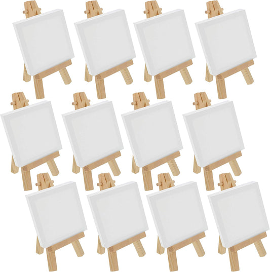 U.S. Art Supply 2" x 2" Stretched Canvas with 5" Mini Easel Kit (12 Pack) - Natural Wooden A-Frame Tabletop Display Stand, Mini Easel Stand - Small Easels for Display, Small Canvases, Crafts, Photos