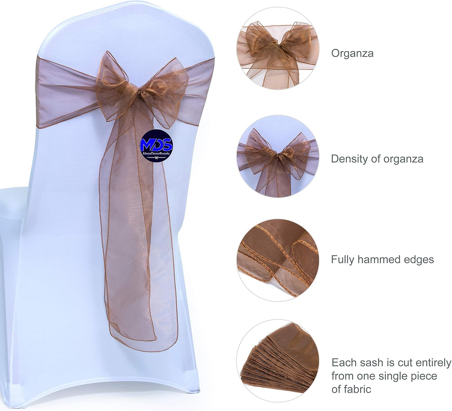 MDS Pack of 250 PCS Organza Chair Sashes Wider Dining Chair Bows Ribbon Tie Back for Wedding Party Birthday Bridal Shower Reception Event Banquet Home Chair Cover Decoration - Coffee