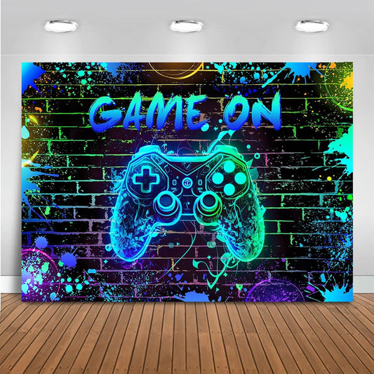 Mocsicka Game On Backdrop Video Game for Boys Level Up Birthday Party Decoration Game Night Arcade Neon Glow Gamer Banner Photography Background (Blue, 7x5ft(82"x60"))