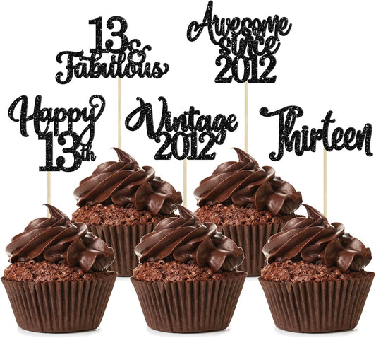 30Pcs Happy 13th Birthday Cupcake Toppers Glitter Thirteen Vintage 2012 Cupcake Picks Cheers to 13 Fabulous Cake Decorations for 13th Birthday Wedding Anniversary Party Supplies Black