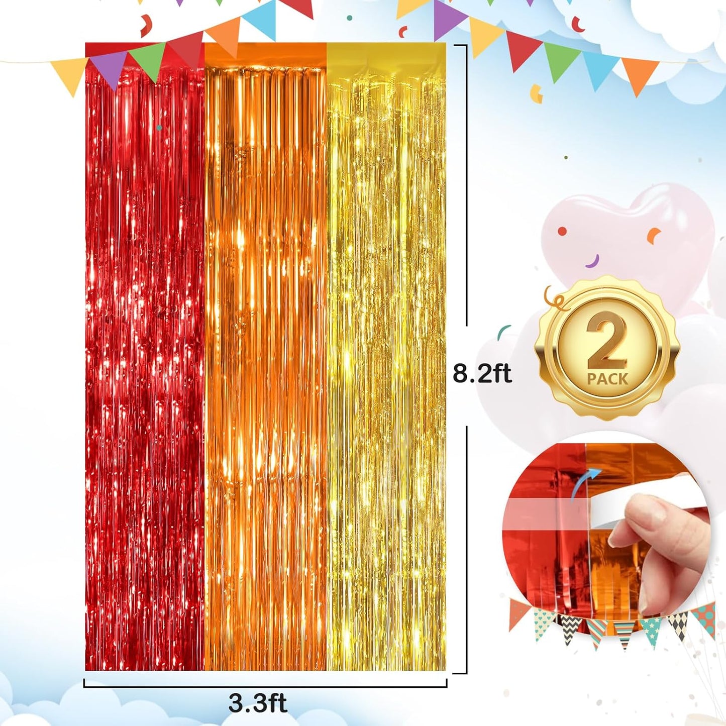 red orange gold Fringe Curtain Party Streamers 2Pack 3.3 x 8.3 Ft Foil Fringe Backdrop Curtains for Birthday Wedding Bridal Baby Shower Holiday Tinsel Streamers Rainbow Party Decorations Door Streamer