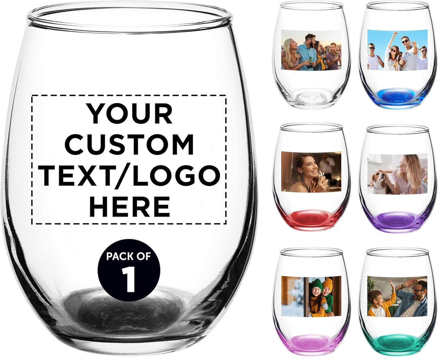 DISCOUNT PROMOS Custom Stemless Wine Glass 9 oz. Set of 1, Personalized text, logo and picture - Great for Wedding Favors, Bachelorette Party Decorations, Party Favors, Color Bottom - Black