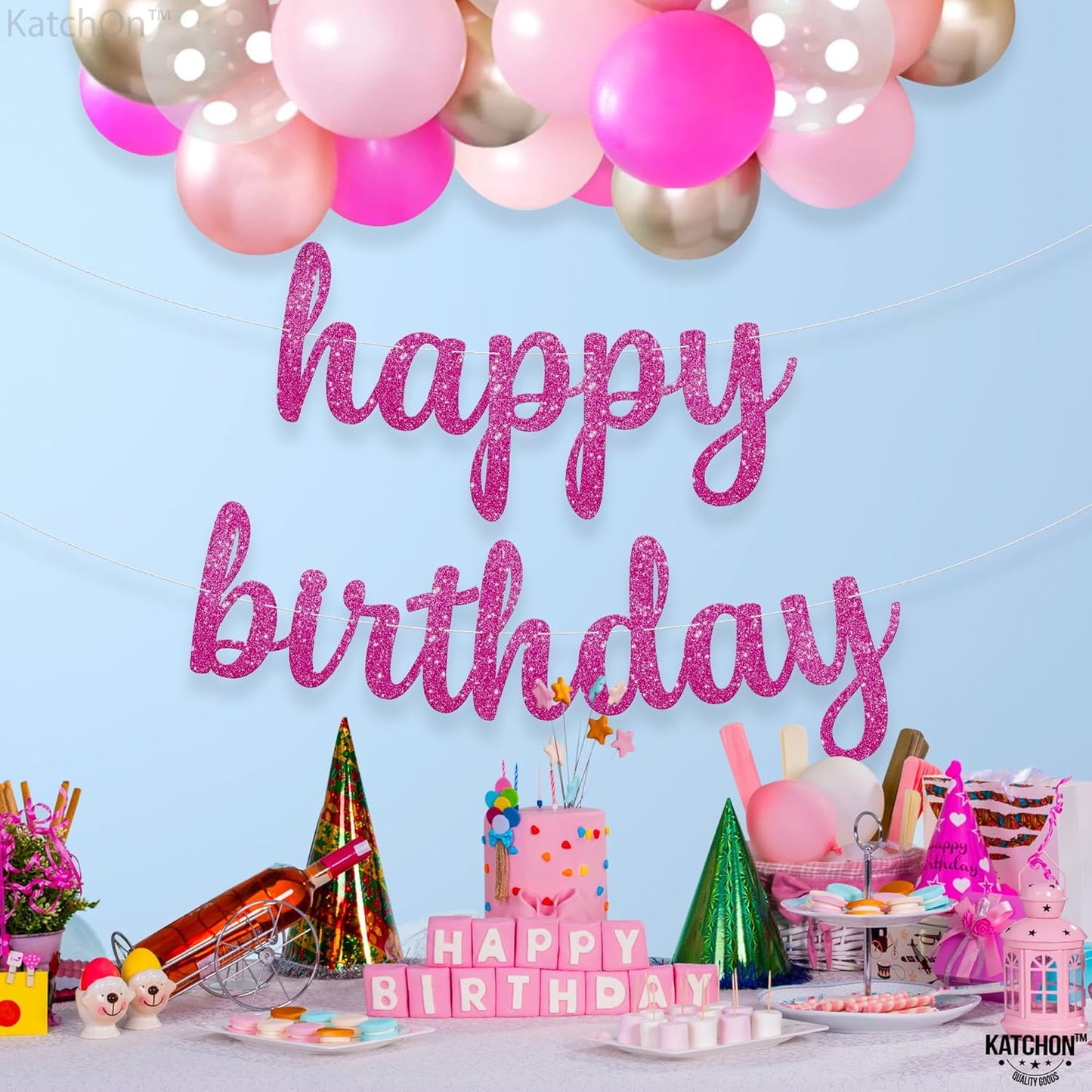 KatchOn, Glitter Pink Cursive Happy Birthday Banner - Pre-Strung, 10 Feet | Birthday Decorations for Women, Girls | Hbd Banner Backdrop For Pink Birthday Decorations, Happy Birthday Sign
