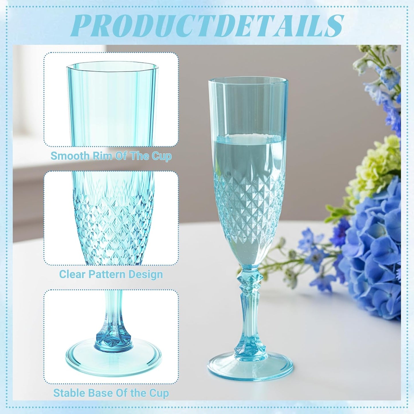 Plastic Champagne Flutes, 24PCS Light Cyan Wine Glasses Goblets Cups Reusable Flute, for Weddings Bachelor Parties Toasting and Events(24, Light Cyan)