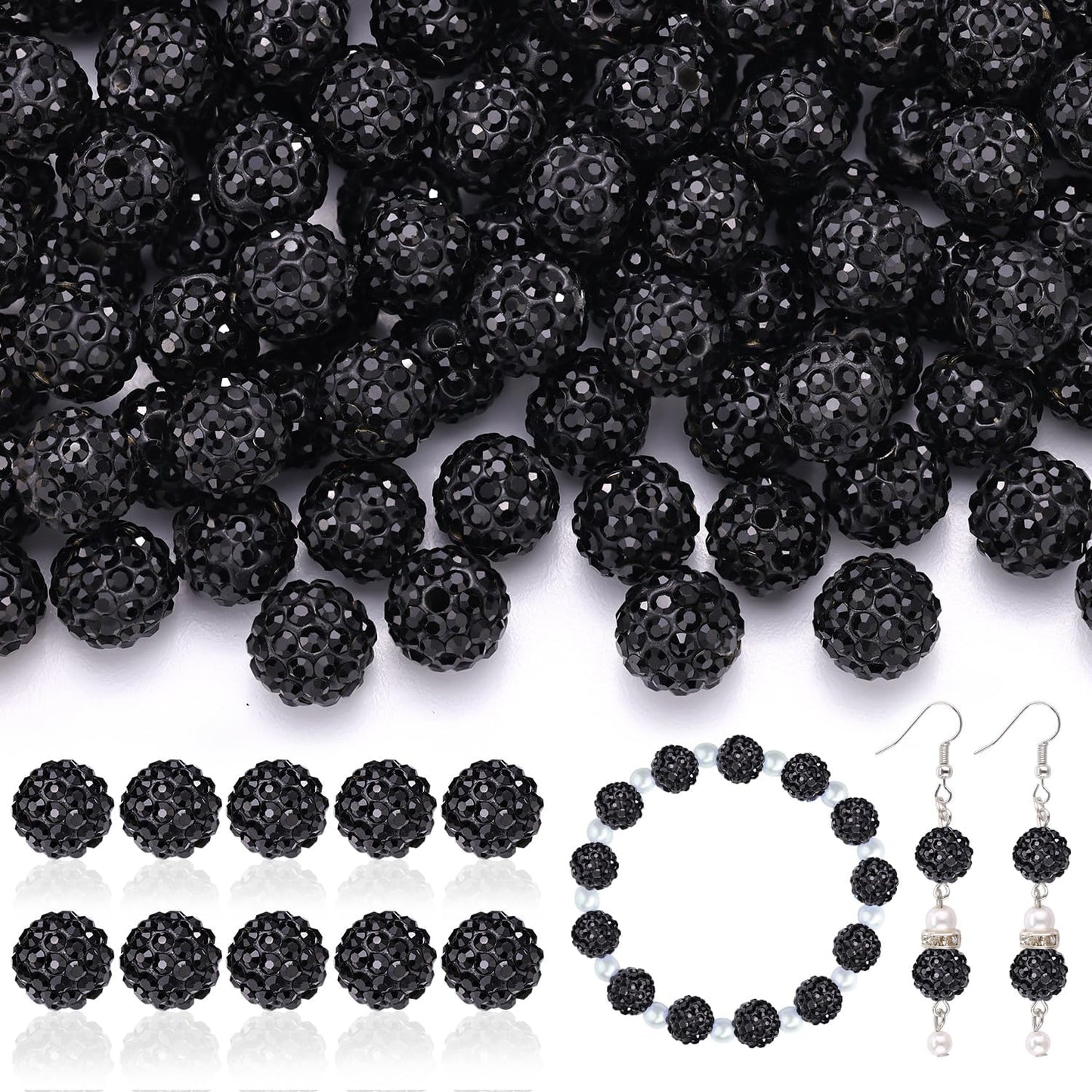 160pcs 10mm Rhinestone Beads for Jewelry Making, Black Shiny Round Disco Ball Beads Bulk, Sparkle Crystal Clay Christmas for Bracelet Baseball Necklace Earring Crafting and DIY