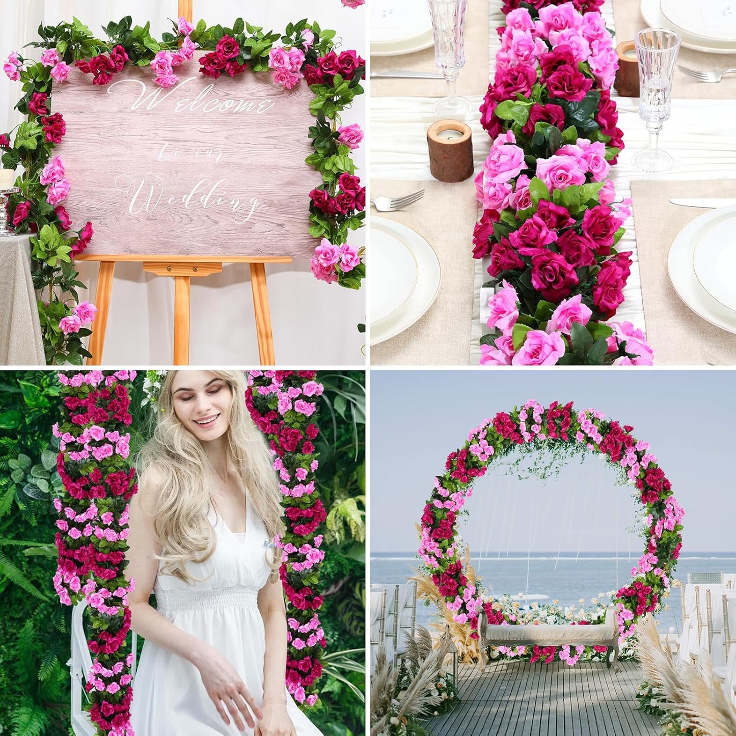 Floweroyal 6 Pack Artificial Flower Garlands 15.8FT Fake Rose Vines Silk Flowers Hanging Rose Ivy for Wedding Arch Party Home Garden Wall Decor (Fuchsia)