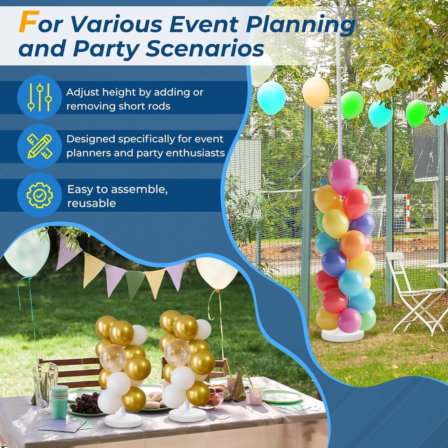 Balloon Stands for Floor Set of 2, Height Adjustable Splicing Metal Pole Balloon Column Stand for Birthday,Christmas,Halloween,Party,Events,Opening,Mall,Welcome Decorations, 1.3-5FT Tall, White