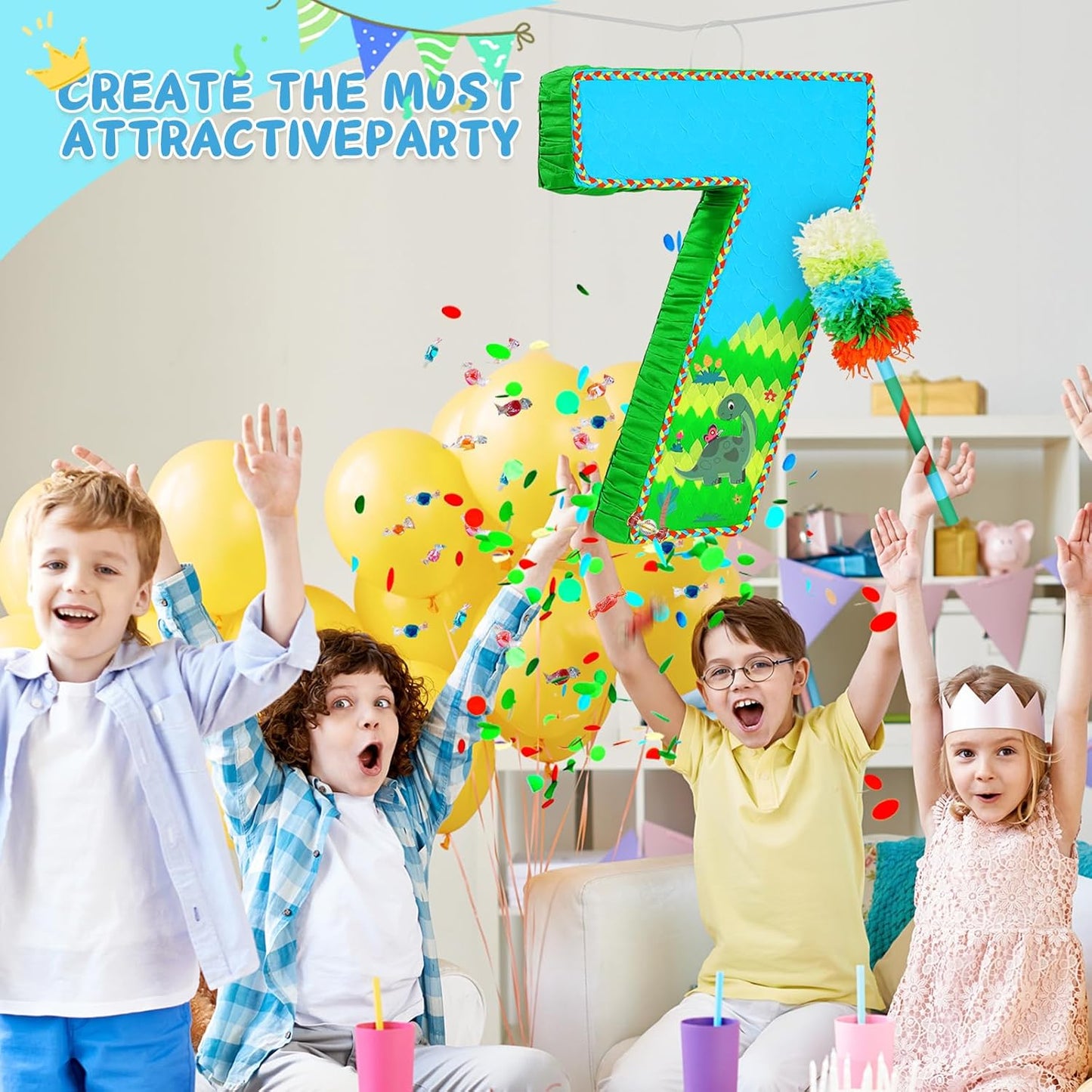 Number 7 Pinata for Birthday Party Decorations, Jungle Dinosaur Piñata Games Toy (7th)