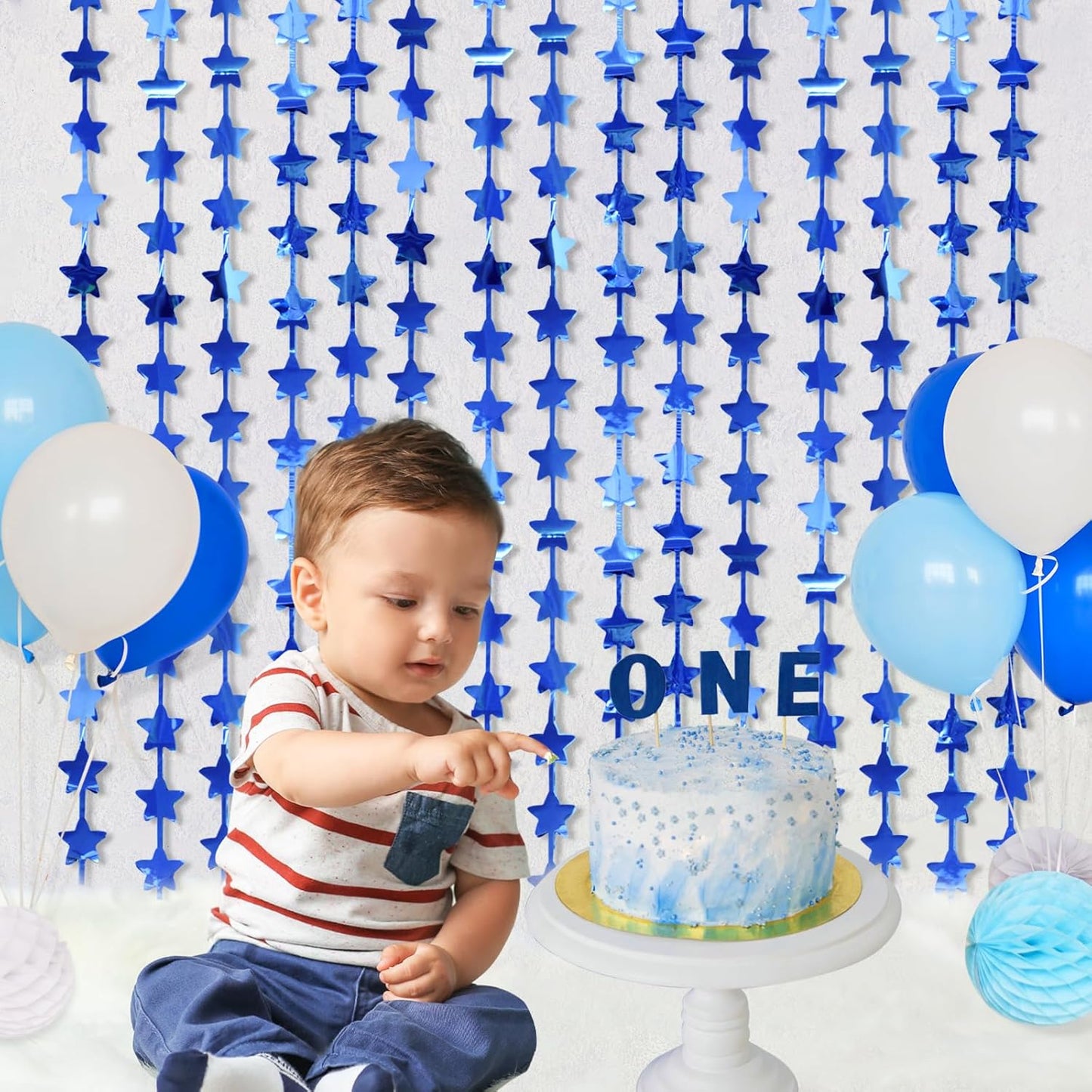 LOLStar 2Pack Blue Happy Birthday Party Decorations 3.3X6.6ft Each Navy Star Streamers Backdrop Foil Fringe Curtains,Photo Booth Props for Blue Baby Shower 18th 21st Birthday Space Party for Boys