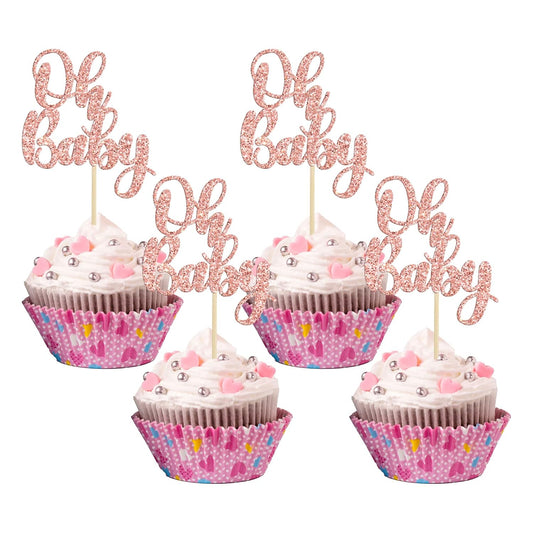Gyufise 36 Pack Oh Baby Cupcake Toppers Glitter Baby Shower Cupcake Picks Decorations for Celebrating Baby Shower Kids Birthday Party Supplies Rose Gold