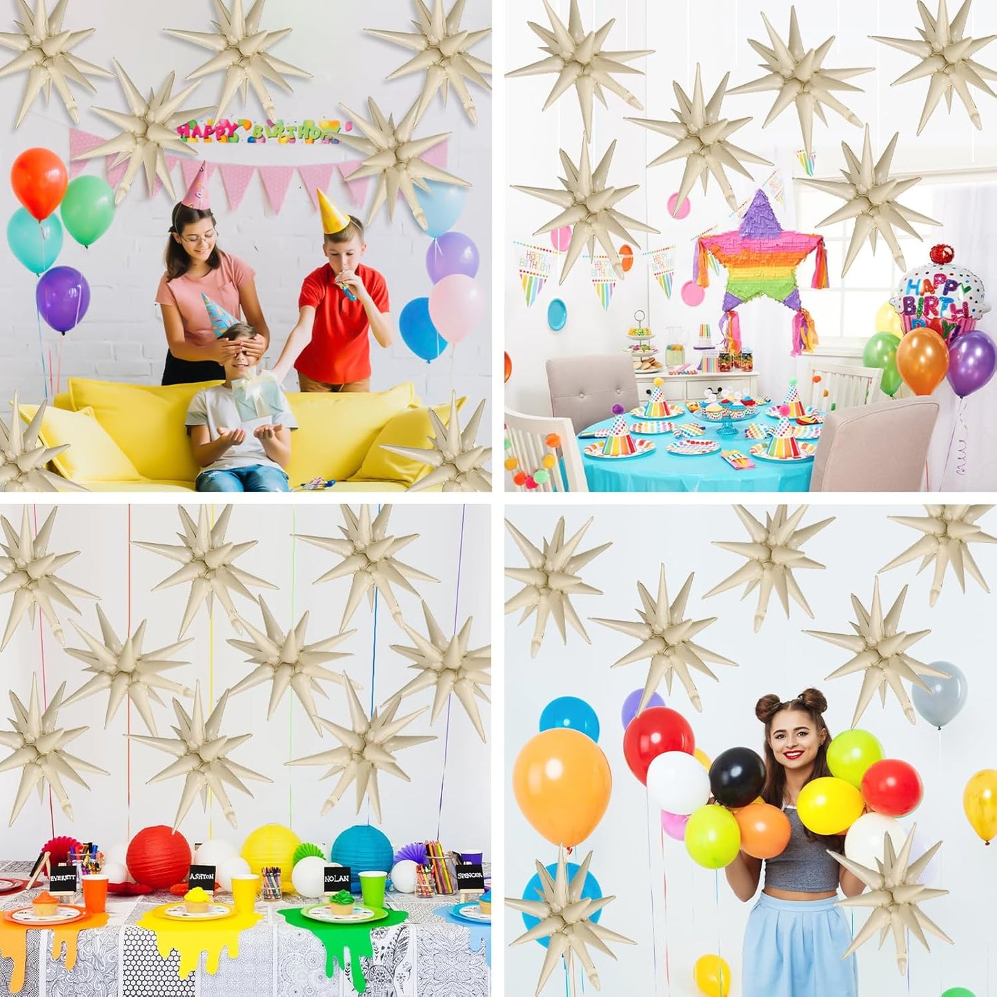 Cream White Star Balloons,9Pcs 22Inch Cream White Explosion Spike Cone Helium Polyester Film Star Foil Balloons for Birthday Anniversary Baby Shower Wedding Disco Party Decorations