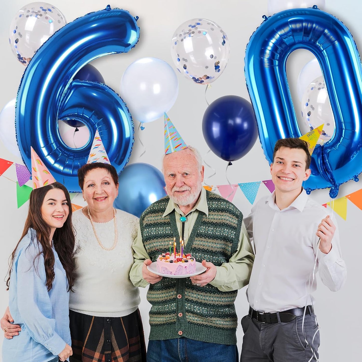 60 Balloon Number Blue, Big Number 60 Balloon Pastel Navy Dark Blue with Metallic Silver Confetti Balloon for Men 60th Birthday, Foil 40'' Self Inflating Balloon 60 for Anniversary Party Decorations