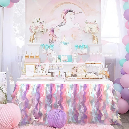 Luxury Organza Mesh Table Skirt Draping Floating Romance - Perfect for Bridal Showers, Birthday Weddings - Clear Flowing Decoration for a Wonderful Main Cake Table (Colorful-6ft, 72" L×30" H)