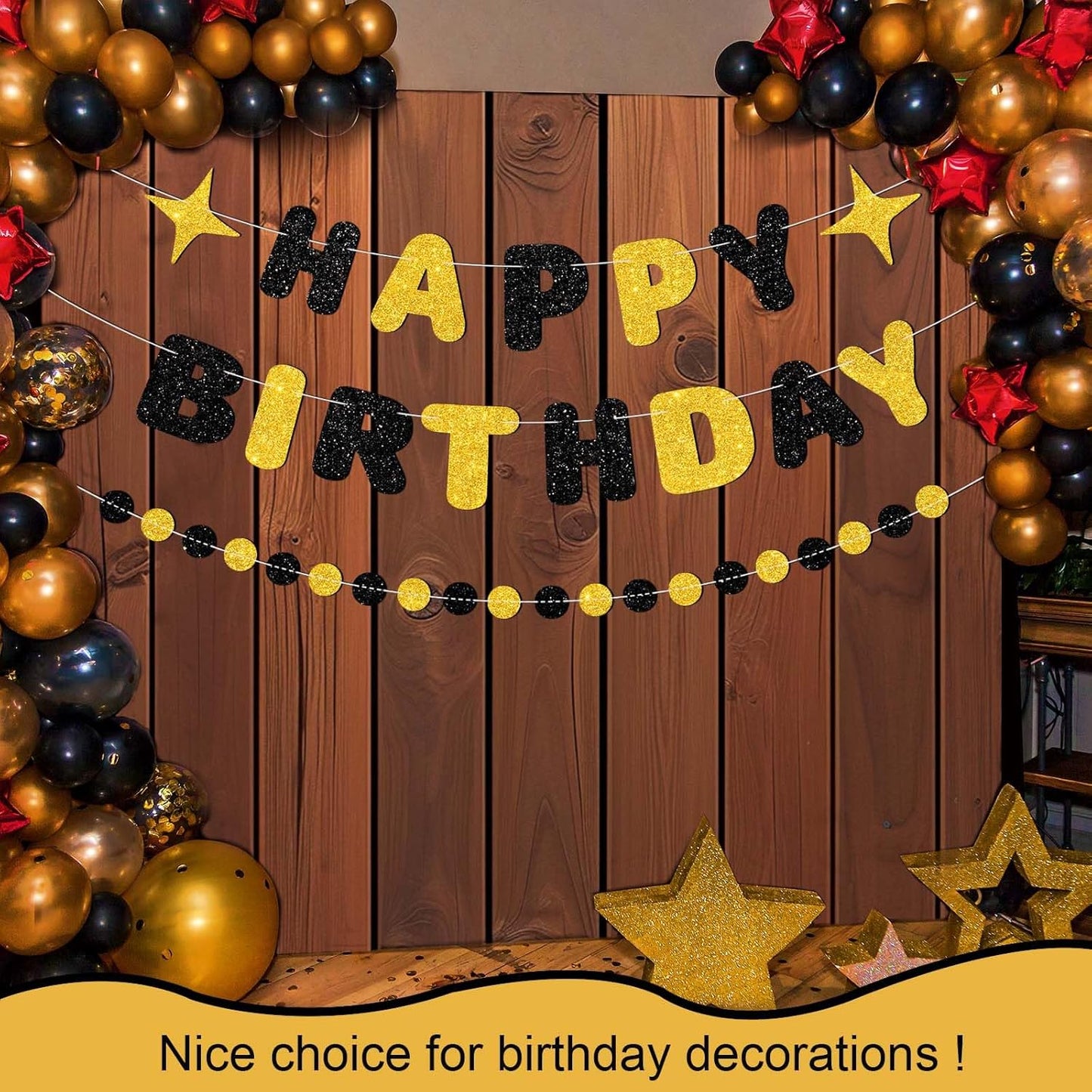 Black and Gold Happy Birthday Banner-Happy Birthday Decorations for Men Women Boys Girls Glitter Garland Birthday Sign for 30st 40st 50th 60st Party Decor, Backdrop Supplies