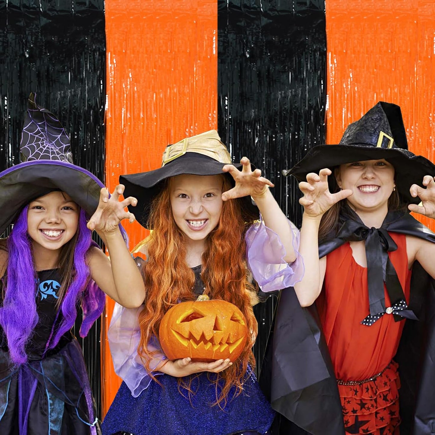 BEISHIDA 2Pcs Orange Black Door Streamer Happy Halloween Backdrop Pumpkins Foil Fringe Tinsel Horry Party Curtains Backdrops for Horry Party Hallowen Decoration (3.28 ft x 6.56 ft)