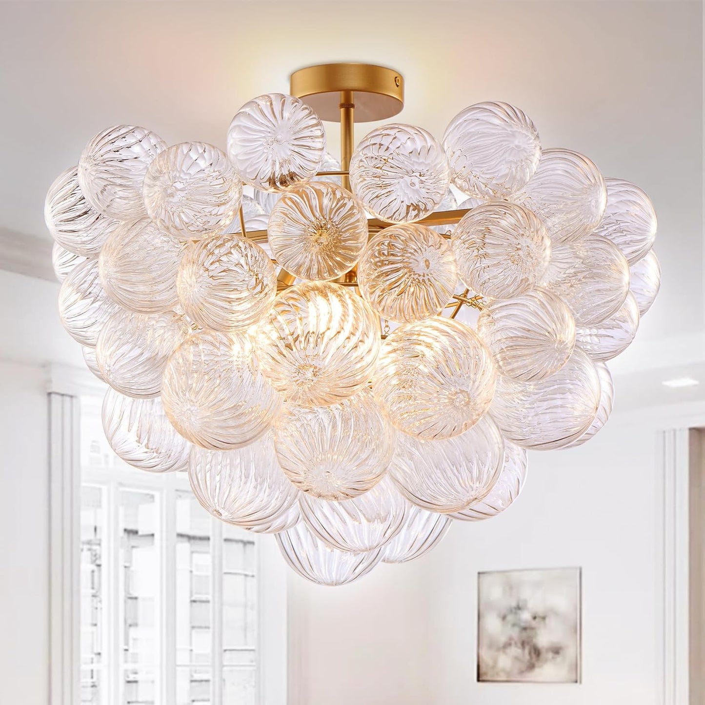 Nordic Bubble Ball Swirled Glass Ceiling Lights Fixture, Dia 24 inch Gild Brass and Clear Blown Glass Small Chandelier for Bedroom Study Bathroom