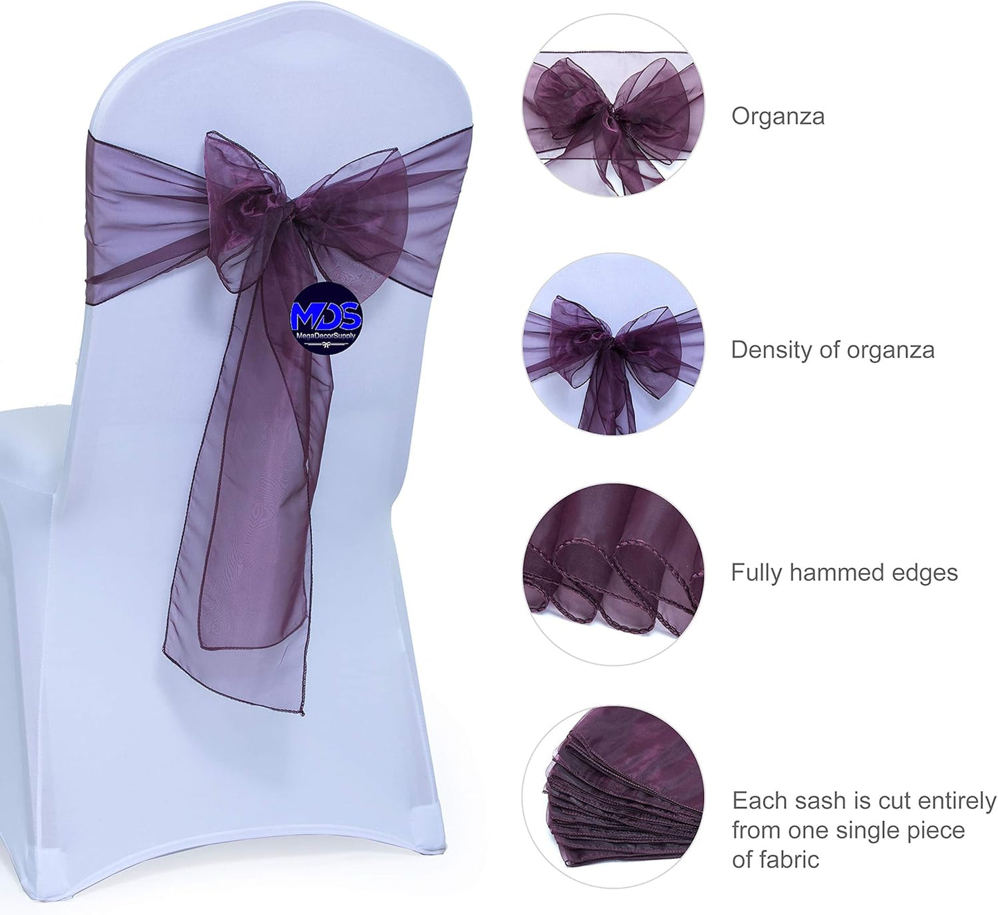 MDS Pack of 100 PCS Organza Chair Sashes Wider Dining Chair Bows Ribbon Tie Back for Wedding Party Birthday Bridal Shower Reception Event Banquet Home Chair Cover Decoration - Plum
