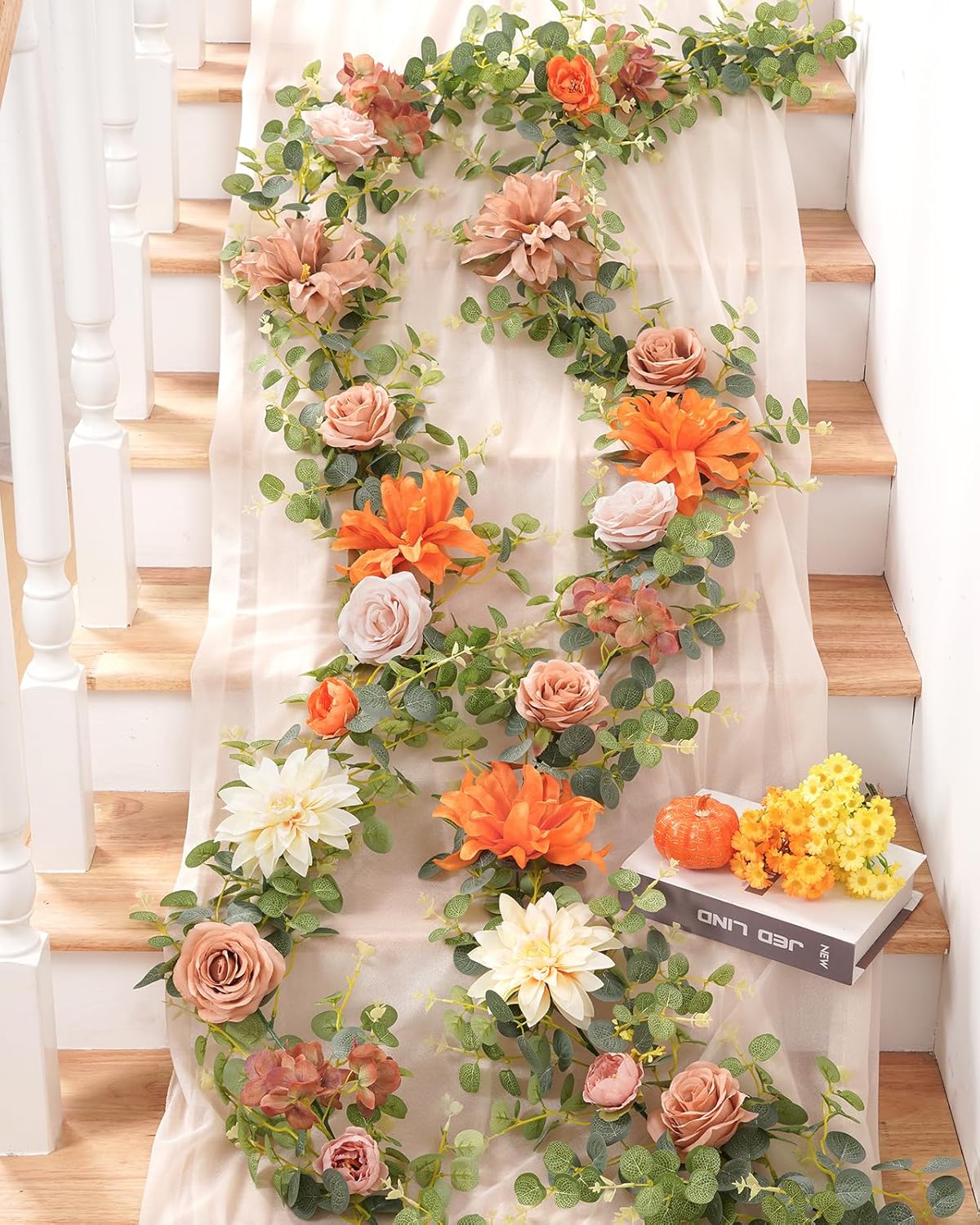 Waipfaru 2Pcs Fall Garland Decor, 6.07Ft Eucalyptus Flower for Table, Fall Floral With Terracotta Flowers for Wedding Arch Backdrop Wall Thanksgiving Decorations (Terracotta)