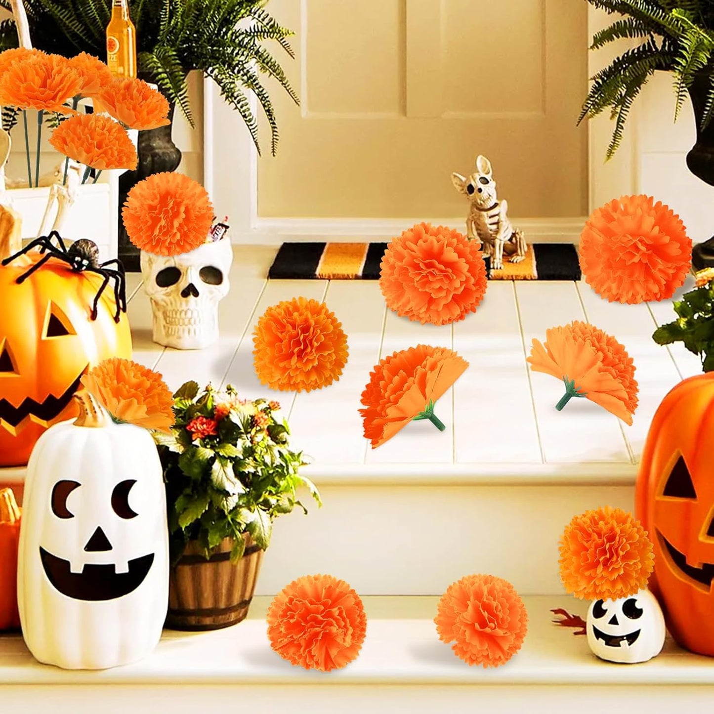 Hananona 100 Pcs Marigold Flower Heads Bulk, Silk Marigold Heads Artificial Flowers for Diwali Home Decor DIY Wreath Garland Day of The Dead Decoration (100, Orange)