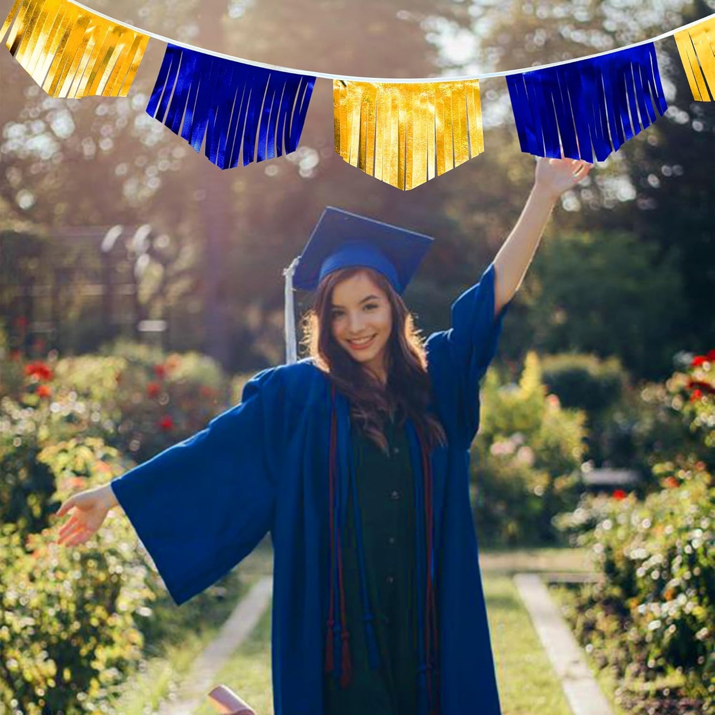 Royal Blue Gold Tassel Banner Metallic Fabric Pennant Bunting Flag for Graduation Retirement Bachelorette Birthday Engagement Wedding Bridal Shower Nautical Ahoy Achor Party Decorations Supplies