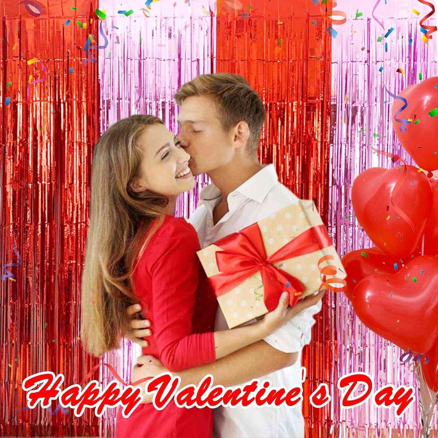 Valentines Backdrop Decorations - 4 Pack of 3.2x8.2ft Red Pink Foil Fringe Curtains Streamers Backdrop for Birthday Valentines Decor