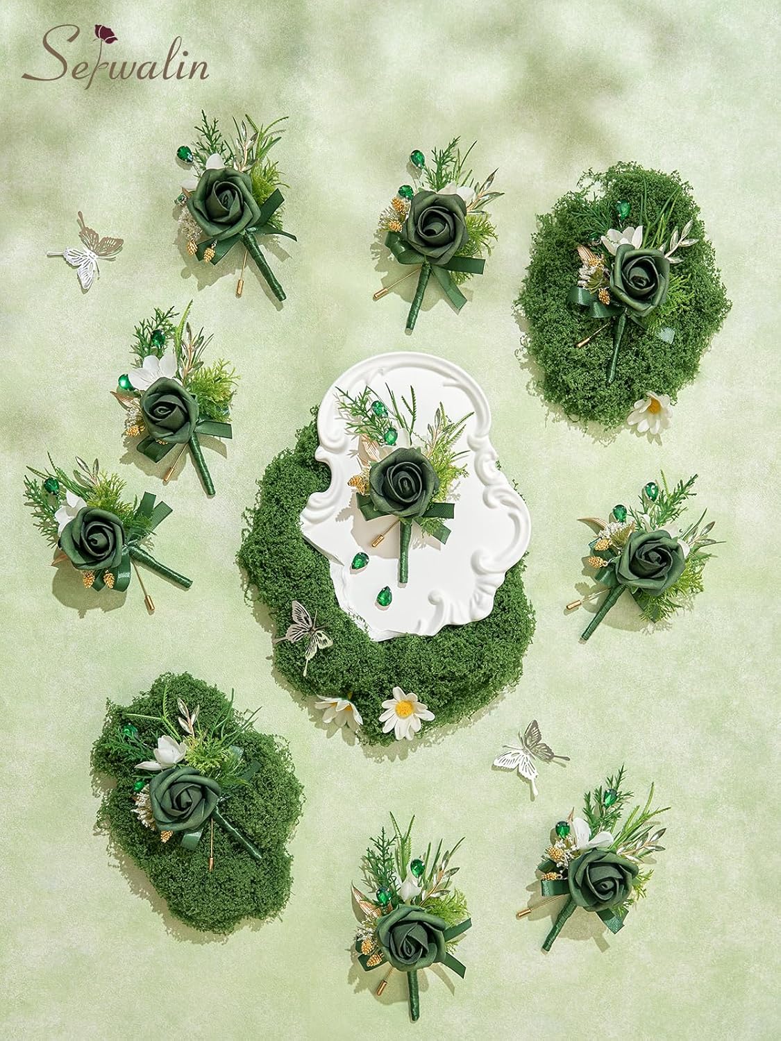 Serwalin 10Pcs Boutonniere for Men, Green Groom and Best Man Boutonniere, Artificial Flowers for Wedding Decor Prom Homecoming Ceremony Anniversary Formal Dinner Party