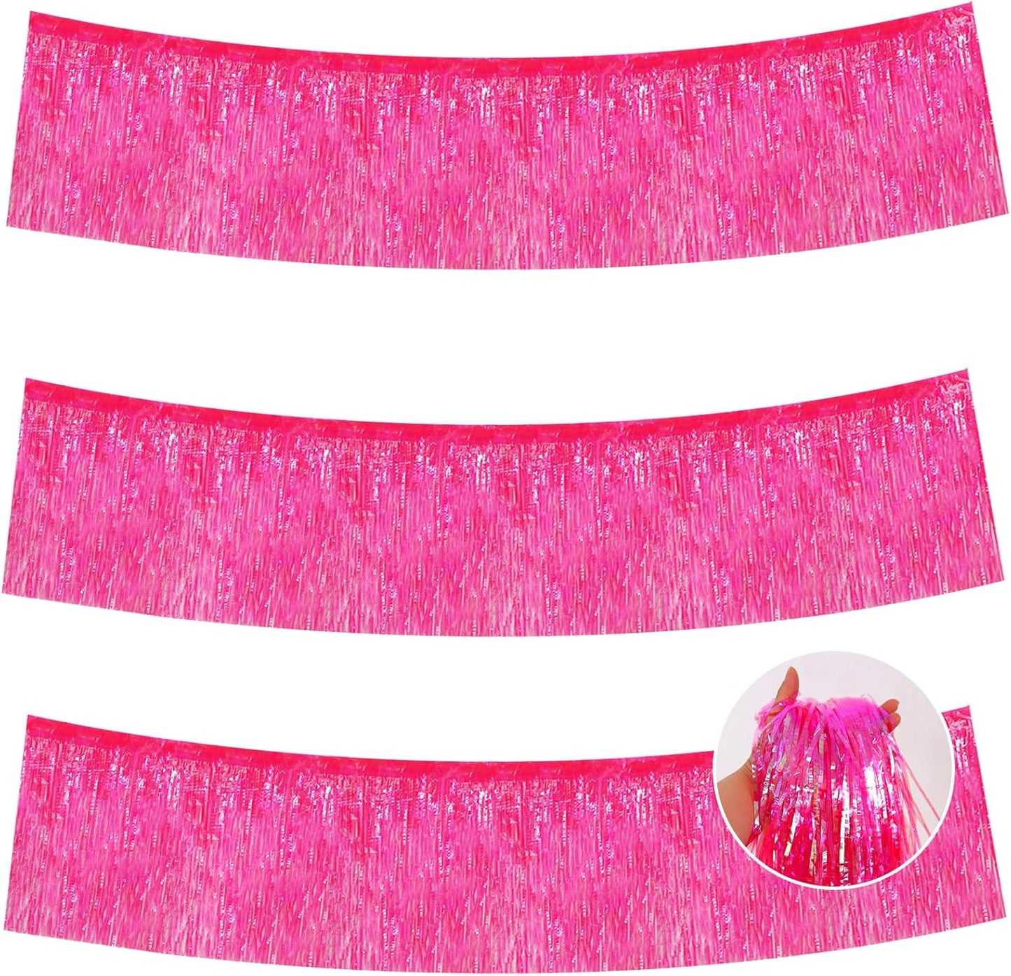 BEISHIDA 3 Packs Metallic Foil Fringe Garland Shining Dark Pink Wall Hanging Tinsel Fringe Banners for Car Floats Bridal Shower Wedding Birthday Easter Graduation Holiday Party Decoration(30 Feet)