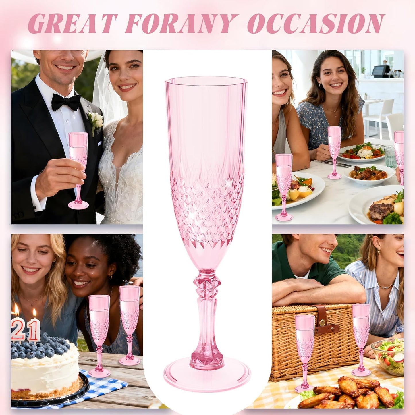Plastic Champagne Flutes, 48PCS Pink Wine Glasses Goblets Cups Reusable Flute, for Weddings Bachelor Parties Toasting and Events (48, Pink)