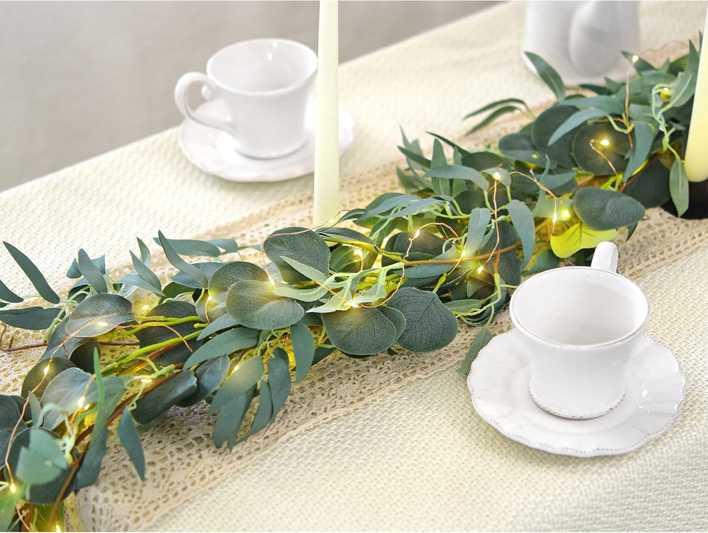 FiveSeasonStuff Rustic Willow and Eucalyptus Garlands – Lifelike Greenery with USB-Powered 100 LED String Lights – Perfect for Weddings, Home Decor, Events, and Seasonal Decorations