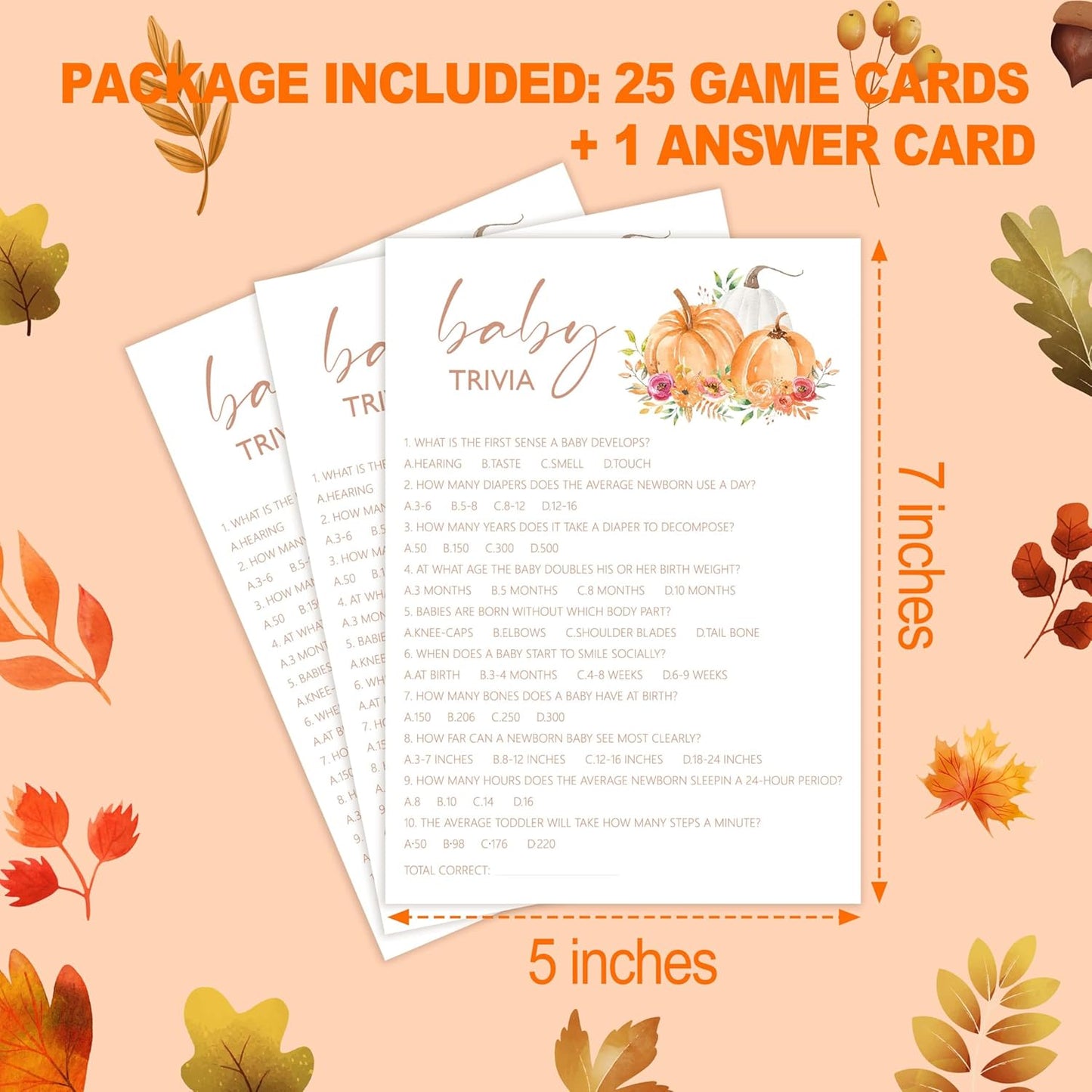 Baby Shower Games, Thanksgiving Baby Trivia Game Cards + 1 Answer Card, 25 Sets Baby Gender Reveal Party Decorations Supplies - E05