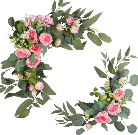 H&W 2pcs Artificial Wedding Arch Flowers for Wedding Sign, Floral Swag Dusty Decor for Reception Ceremony Backdrop Sweetheart Table(Willow Leaves-Peony-Pink)