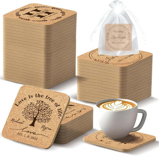Custom Coasters Personalized Cork Coasters Bulk with Logo Wedding Personalized Cork Natural Wood Engraved Drink for Wedding Favors (Cork Coasters - Square)