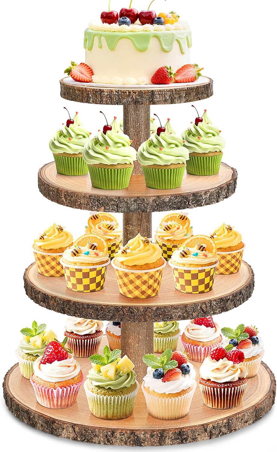 Wooden Cupcake Stand for 50 Cupcakes 4-Tier Dessert Tower Rustic Tiered Display Stand for Woodland Baby Shower Decorations, Farmers Market Decor, Wedding, Birthday, Graduation, Tea Party