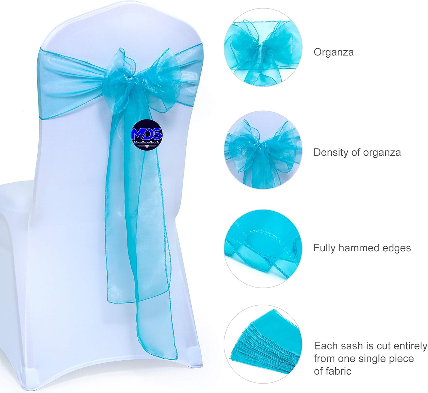 MDS Pack of 10 PCS Organza Chair Sashes Wider Dining Chair Bows Ribbon Tie Back for Wedding Party Birthday Bridal Shower Reception Event Banquet Home Chair Cover Decoration - Light Teal